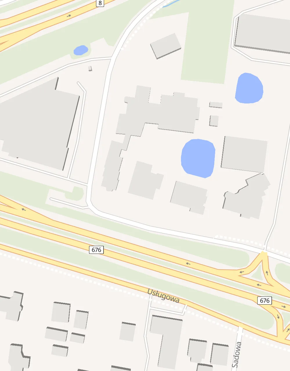 Mapa okolicy punktu obsługi klienta przy ulicy Usługowej w Porosłach-Kolonii, z drogami krajowymi 8 i 676